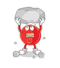 power button lifting rock cartoon character vector