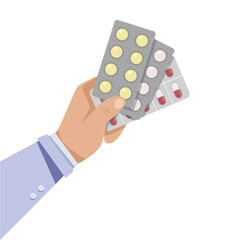Doctor's hand holding pills isolated on white background. flat style
