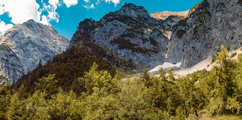 High resolution stitched panorama of a beautiful alpine summer view at the famous Gramai Alm, Achensee, Tyrol, Austria