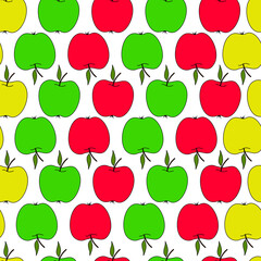 Seamless pattern with apples on a white background . Autumn pattern with fruit.Red, green, yellow apple.Bright print for fabric
