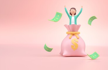 Girl with her Money Bag. 3D render
