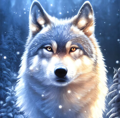 Obraz premium A magnificent wolf in a snowy winter forest. 