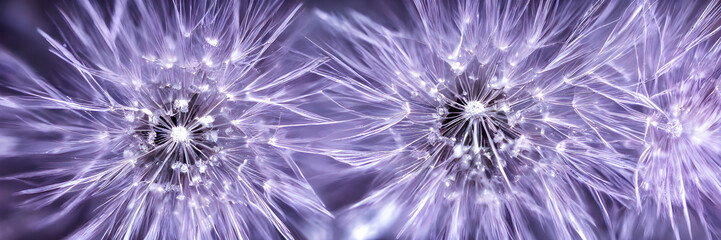 Close up of dandelion spores. Abstract background. Eco wallpaper. Banner size