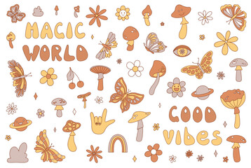 70s retro groovy big set with vintage boho butterfies, daisy flowers, mushrooms, lettering and other. Vector illustration