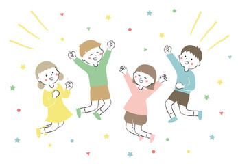 喜ぶ子どもたち　男の子と女の子　紙吹雪