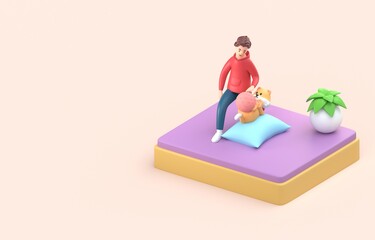 Cat with his Owner Playing with Ball of Yarn. 3D Illustration