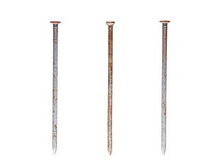 Three straight old rusty nails of equal length isolated on transparent background