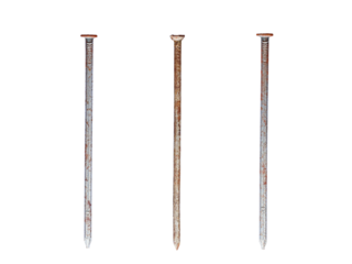 Three straight old rusty nails of equal length isolated on transparent background