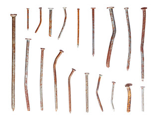 Set of different used rusty nails isolated on transparent background
