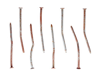 Set of used old rusty nails isolated on transparent background
