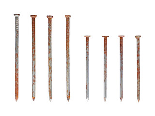 Straight old rusty nails half long and half short isolated on transparent background
