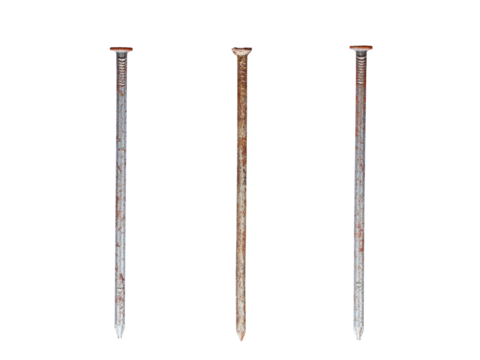 Three straight old rusty nails of equal length isolated on transparent background