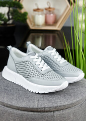 Stylish gray female shoes on gray pouf background in shop, copy space. New sneakers, close up. Beauty and fashion concept.