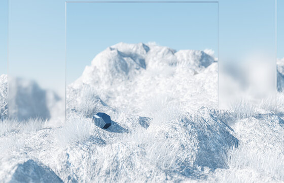 Natural Beauty Podium Backdrop For Product Display With Winter Grass Field Scene.