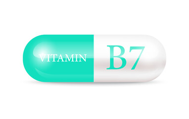 Capsule vitamin B7 (Thiamine) structure green, white. Vitamin complex with chemical formula. Drug business concept. Personal care, beauty concept. 3D Vector Illustration. transparent capsule pill.
