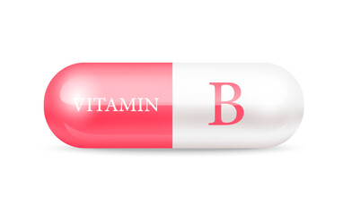 Capsule vitamin B (Thiamine) structure pink red, white. 3D Vitamin complex with chemical formula. Drug business concept. Personal care, beauty concept. Vector Illustration. transparent capsule pill.