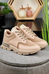 Stylish brown female shoes on gray pouf background in shop, copy space. New sneakers, close up. Beauty and fashion concept.