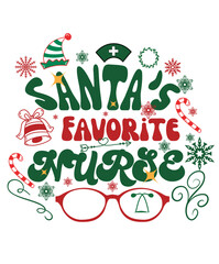 Santa's Favorite Nurse. Retro Christmas themed nurse t-shirt design vector for x mas party. Holiday Christmas Decor Graphics Print. Christmas Nurse Quote and sayings for groovy style outfits.    