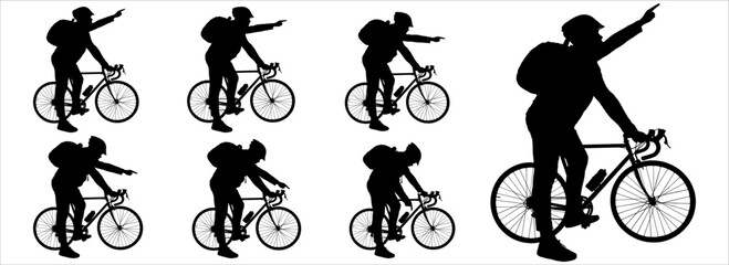 A guy in a bicycle helmet, with a backpack behind his back, holds on to the handlebars of his bike with one hand, and with the other, he points in different directions, looks around. Male silhouettes