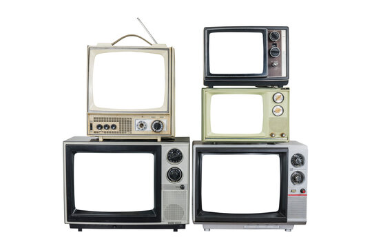 Five vintage televisions with cut out screens isolated.