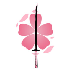 Katana sword samurai ronin weapon on pink sakura flower with petals japanese style flat vector icon design.