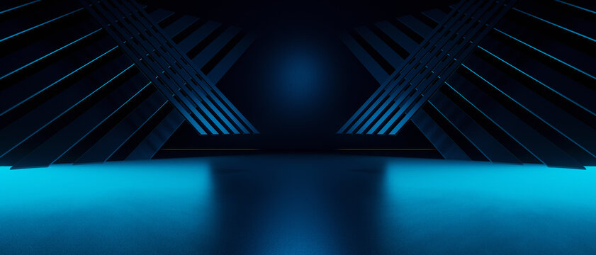 Futuristic Minimal Scifi Metal Club Showroom Cyber Hangar Warehouse Elegant Navy Blue 8k Banner Background 3D Rendering
