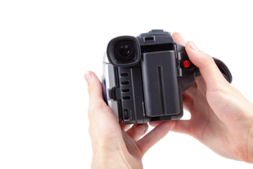 Man holding a simple film camcorder device in hands, old portable movie camera, first person pov recording video fp point of view, isolated on white background, retro object cut out Filmmaking concept