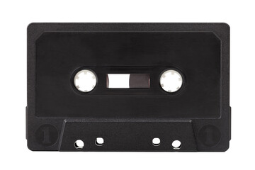 Old black empty blank simple retro audio cassette, object isolated on white background, cut out....