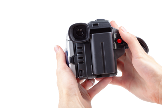 Man holding a simple film camcorder device in hands, old portable movie camera, first person pov recording video fp point of view, isolated on white background, retro object cut out Filmmaking concept