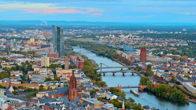 Panoramic view of Frankfurt from a skyscraper, Germany. Multiple residential and office buildings, skyscrapers