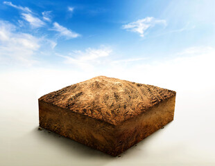 3D Illustration, cubical soil ground cross section with Empty dry soil, land plot for housing construction project, ground ecology, cutaway terrain floor with rock isolated on blue sky background.
