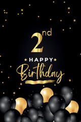 Naklejka premium Happy 2nd birthday with black and gold balloon, star, grunge brush on black background. Premium design for poster, birthday celebrations, birthday card, banner, greetings card, ceremony.