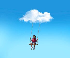 asian cute girl playing swing on the sky