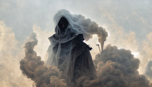 3d illustration of a scary figure, a skull emerging from smoke.