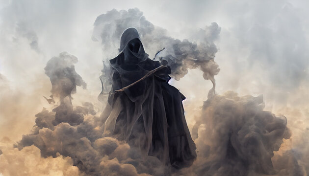 3d illustration of a scary figure, a skull emerging from smoke.