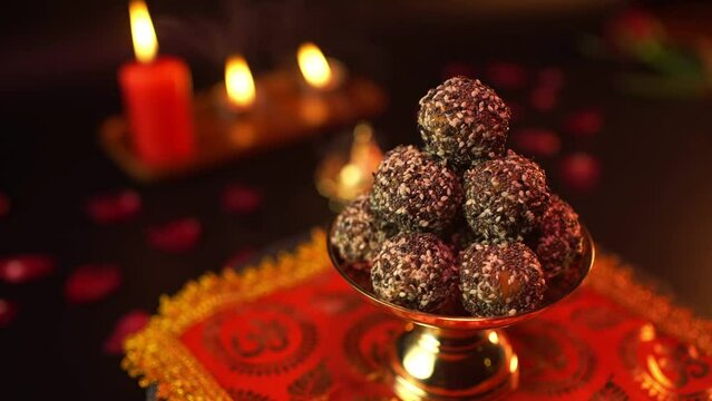 Ladu modaka dessert for Lord Ganesha on a tray ready to be worshiped. indian sweets
