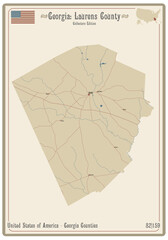Map of an old playing card of Laurens county in Georgia, USA.