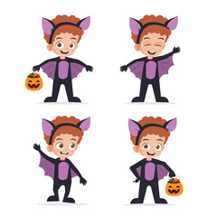 Cute Kid Wearing Bat Costume for Halloween Vector Illustration