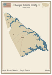Map of an old playing card of Lincoln county in Georgia, USA.