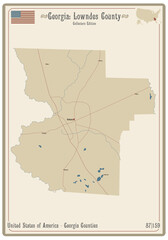 Map of an old playing card of Lowndes county in Georgia, USA.