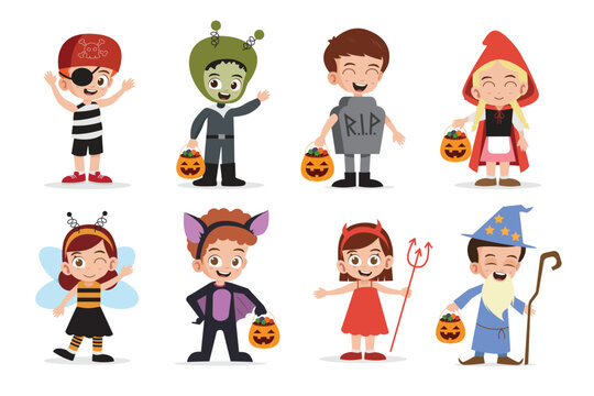 Cute Kids Boys and Girls Wearing Halloween Costumes Collections Vector illustration