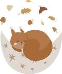 Vector illustration of a baby squirrel sleeping on the moon, autumn composition, vector illustration for design, print, pattern, isolated on white background