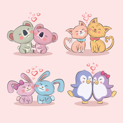 Cute animal couples on valentines day hand drawn cartoon collection