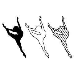 Set of silhouettes of a ballerina, a dancing girl. Isolated vector objects. Illustrations for dance school, ballet school