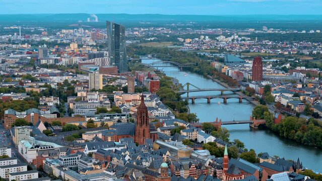 Panoramic view of Frankfurt from a skyscraper, Germany. Multiple residential and office buildings, skyscrapers