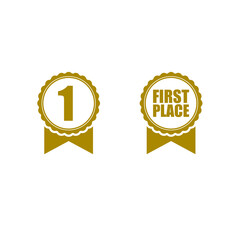 First place win gold badge icon. First place emblem icon isolated on white background
