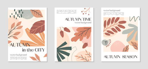 Autumn creative posters with organic various shapes,foliage and copy space for text.Modern designs for social media marketing,covers,invitations,placard,brochure.Trendy fall vector illustrations.
