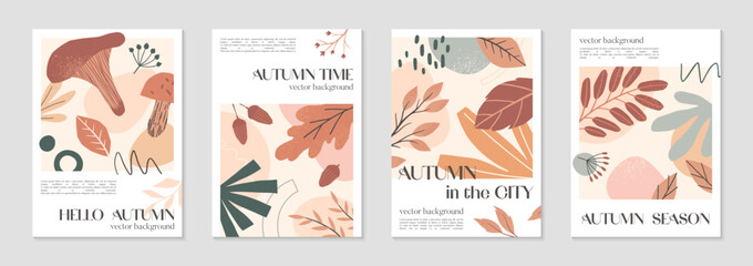Bundle of autumn creative posters with organic various shapes,foliage,acorns,mushrooms and copy space for text.Modern seasonal designs.Universal artistic banners.Trendy fall vector illustrations.