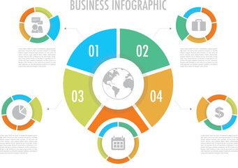 Business infographic pie chart with 5 stage pattern icons diagram