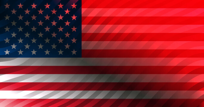 USA flag with dim neon lights. Vector American flag with wave stripes. Special design in accordance with the actual dimensions.